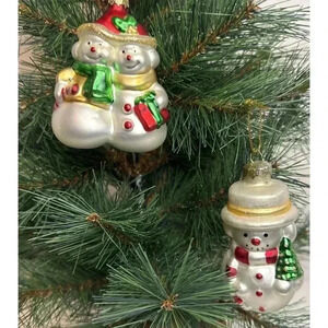 2 Vintage Glass Snowman Ornaments Christmas Hand Painted Holiday Tree Decoration